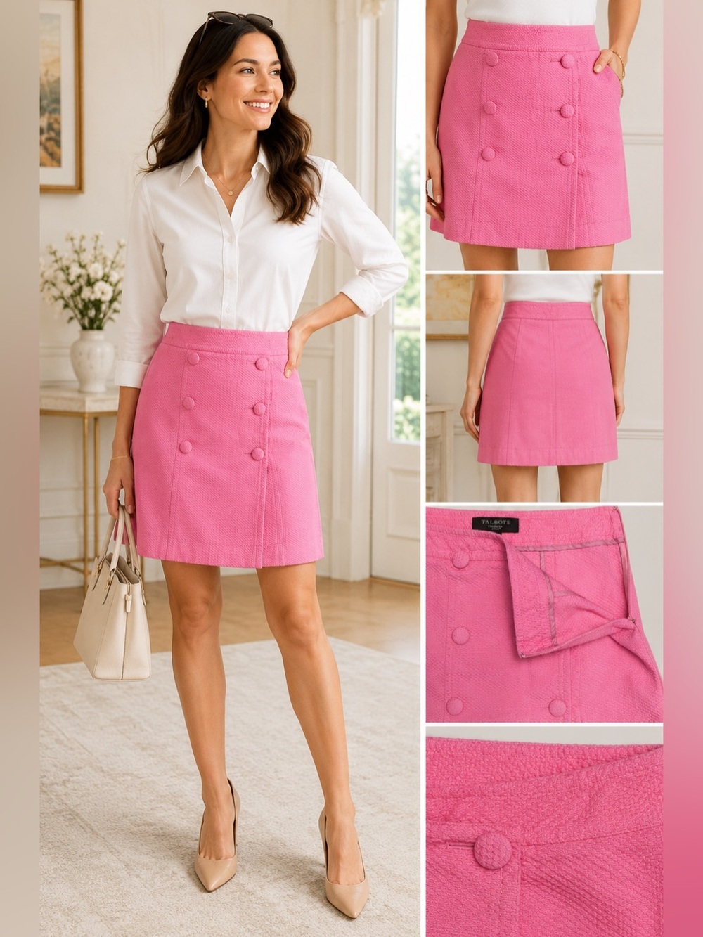 Talbots Pink Textured A-Line Skirt 4P Faux Wrap Button Detail Career Preppy